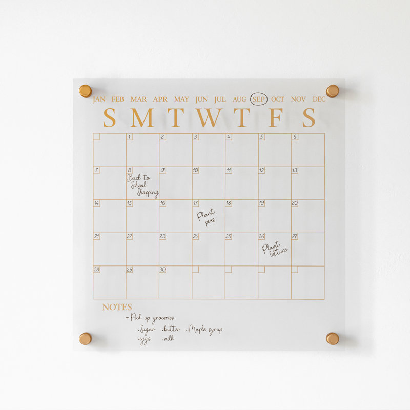 Clear Gold Acrylic Monthly Wall Calendar with Dry Erase Marker