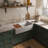 Whitehaus front apron single bowl fireclay kitchen sinks with walnut wood cutting board and stainless steel grid-93071597