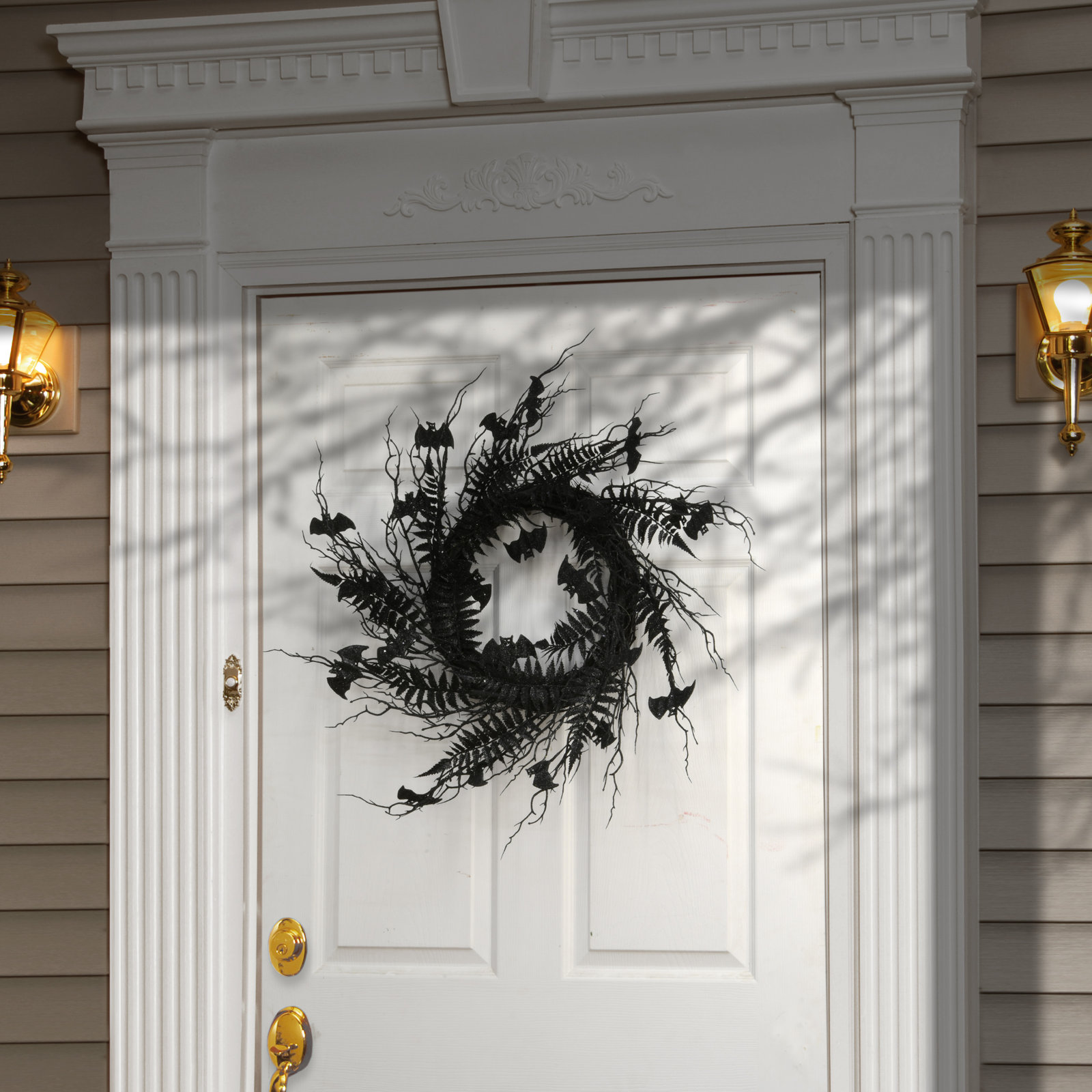 24" Halloween Black Fern and Bats Wreath