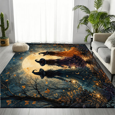 Halloween Witch Flying Moon Pattern Area Rug, Artistic Design, Festive Atmosphere, Non‑Slip Soft Floor Carpet, Indoor Home Decor for Living Room, Bedroom, Entryway, Kitchen, Balcony, Apartment