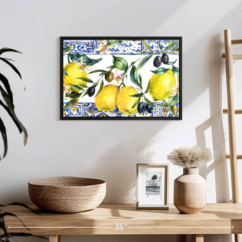 Citrons et olives, 19 po x 13 po, Cadre flottant noir