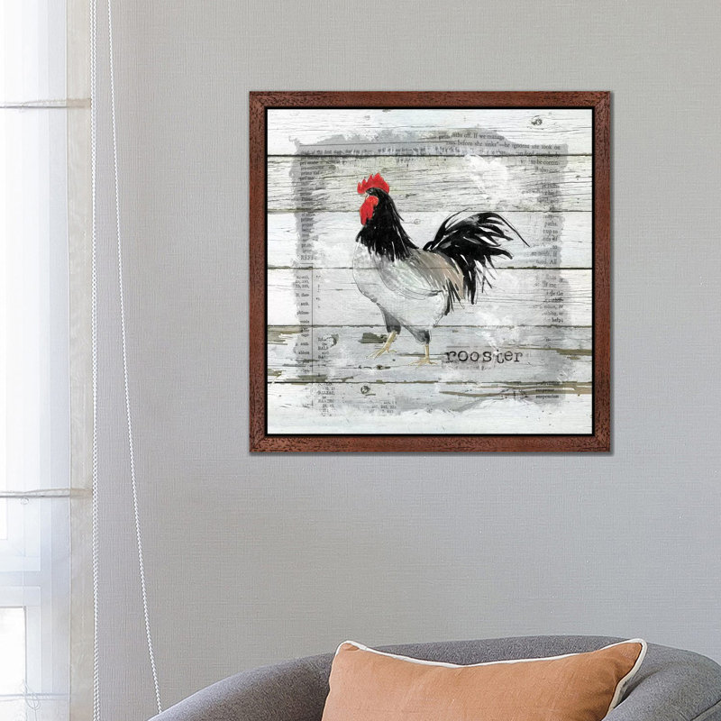 Farmhouse Collage Rooster by Carol Robinson - Floater Frame Print on Canvas, 93.98 cm H x 93.98 cm W, Brown