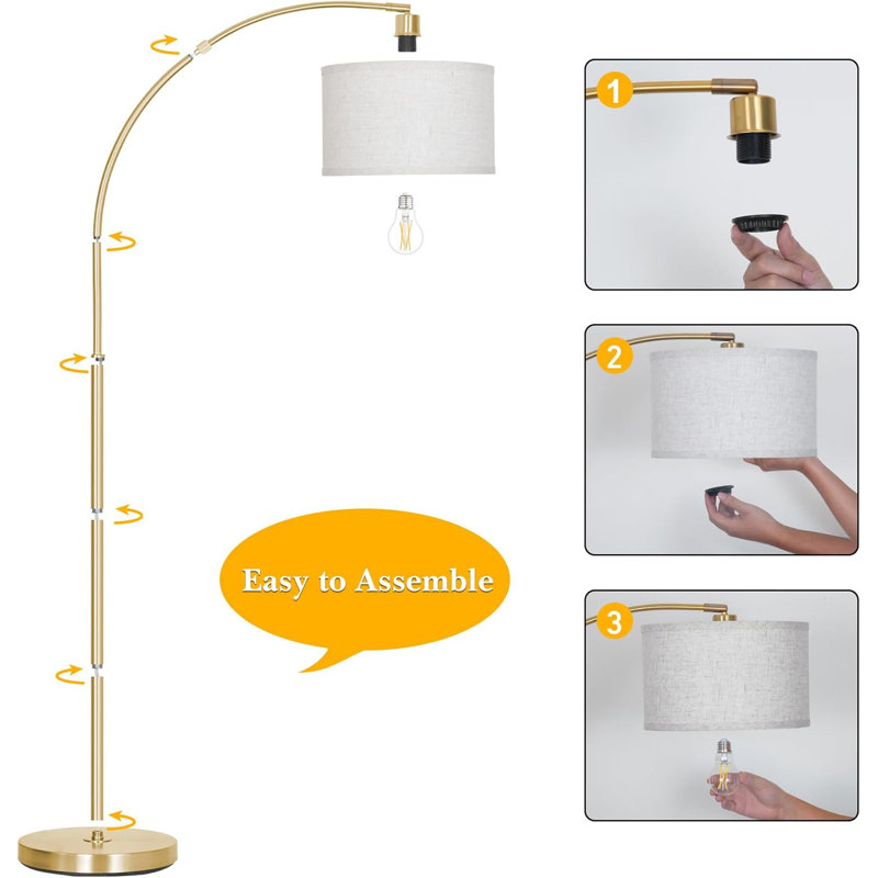 Lampe sur pied arquée pour le salon, lampe sur pied à hauteur réglable à décor moderne avec ampoule à DEL 3 couleurs, Doré