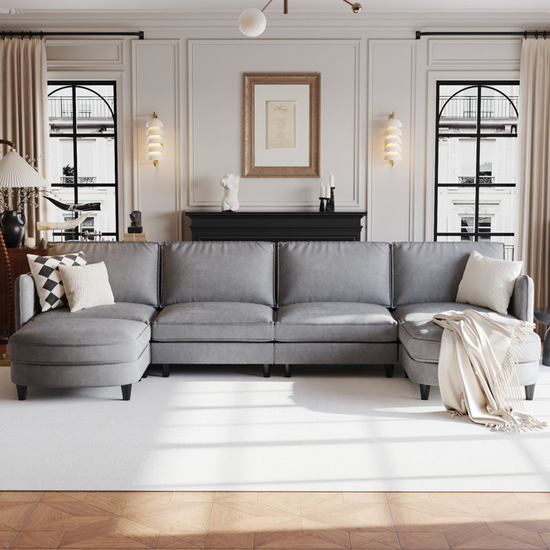 141.5'' Wide U-Shaped 6-Seater Sofa with Storage Pockets, Gray Polyester
