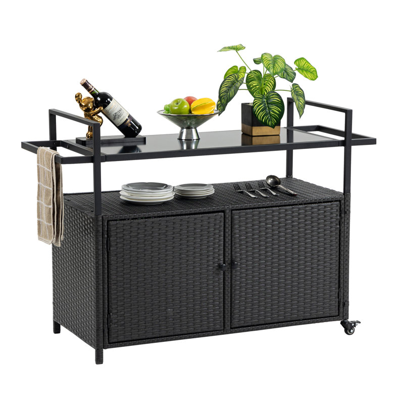 Outdoor Wicker Bar Cart, Patio Wine Serving Cart With Wheels, Rolling Rattan Beverage Bar Counter Table With Glass Top, Black