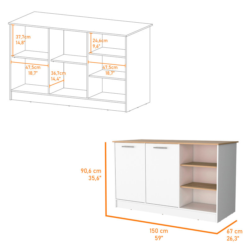 2-Door Kitchen Island With Ample Storage In Modern White And Ash 35.6-Inch Tall 59-Inch Wide Surface For Use