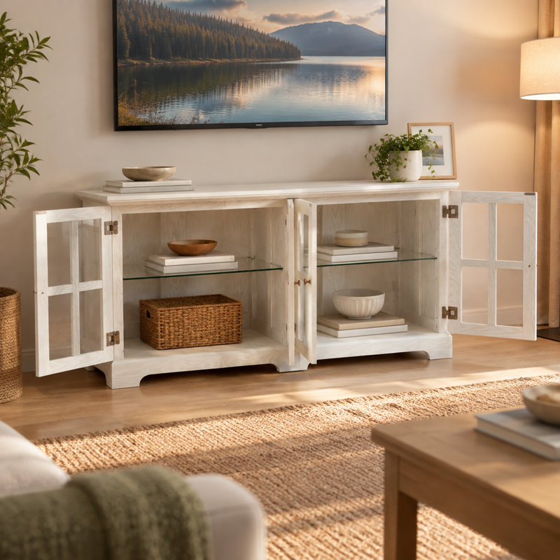 Vitrine blanche antique avec portes vitrées, éclairage DEL et tablettes ajustables