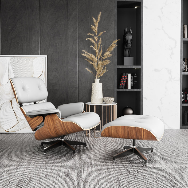 Fauteuil et repose-pieds en cuir véritable, White Genuine Leather, bois de rose
