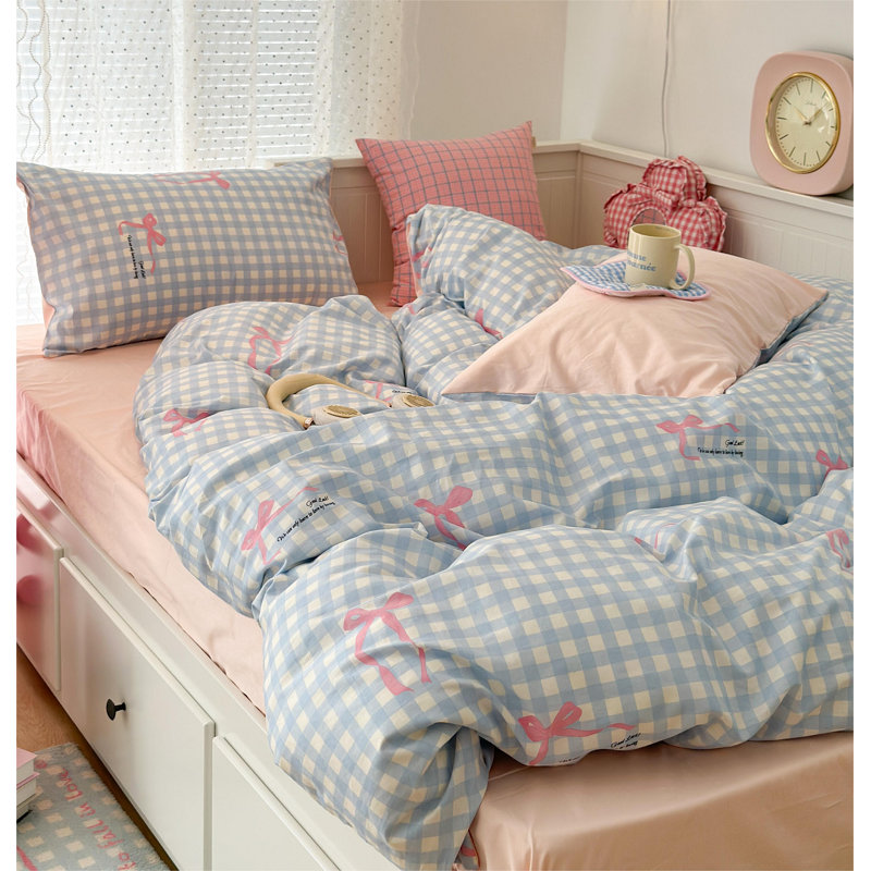 Nayoroom Cute Cartoon Bowknot Duvet Cover Set Pink Bow Blue Plaid Kawaii Geometric Comforter Cover For Kids Girls Boys