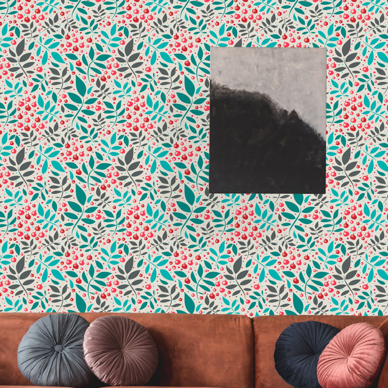 Rouleau de papier peint adhésif Pondsville Leaves and Berries, L 16,67 po x l 25 po