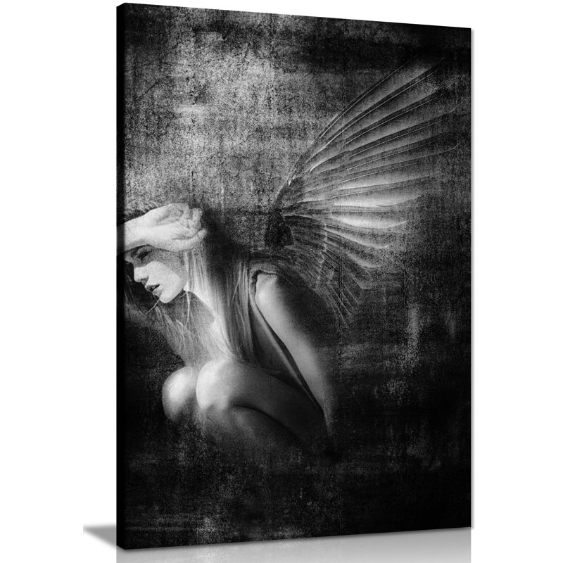 Panther Print Fine Art Prints Black & White Sitting Woman With Angel Wings Artistic Framed Canvas Prints, Pictures For Home Walls, Bedroom, Living Room & Bathroom Decor - Wrapped Canvas Art Prints