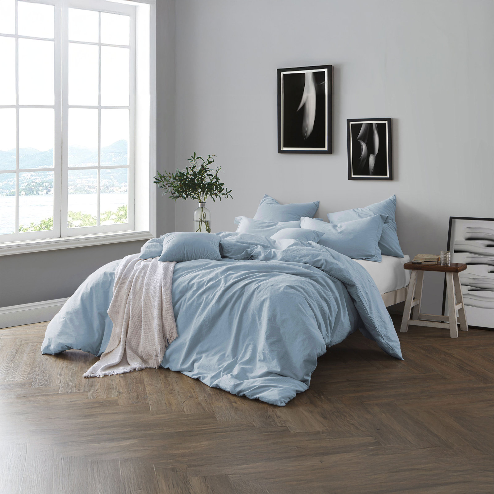 100% Cotton Crinkle Washed Duvet Cover Set, Twin/Twin XL Duvet Cover + 1 Sham, Chambray Blue