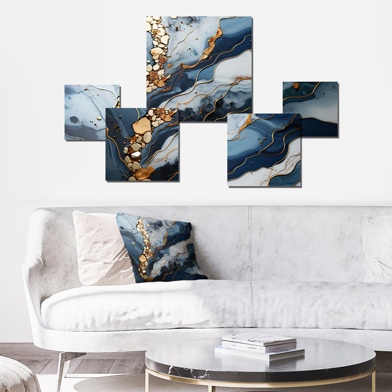 Bleu et or Marble River II - ensemble d'art mural carré en marbre 5