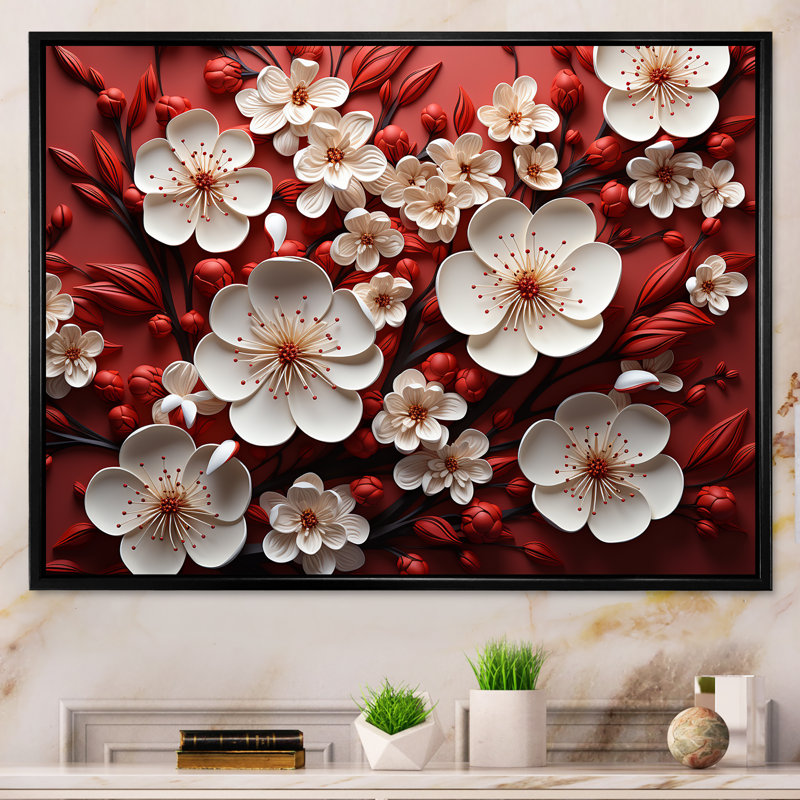 Orchidées blanches et rouges II - art mural floral abstrait, Cadre flottant noir, H 16 po x l 32 po x P 1 po