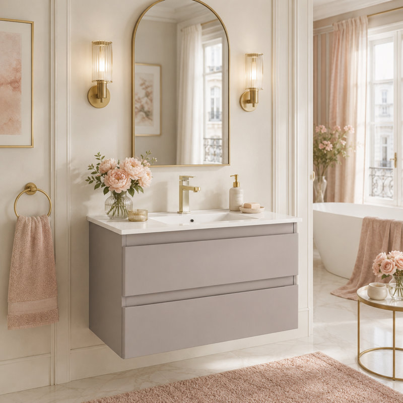 Meuble-lavabo mural 32 po avec double tiroir et lavabo en céramique 32 po