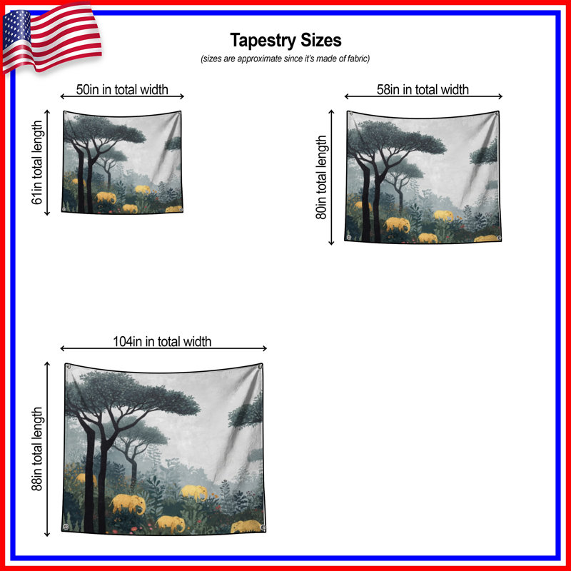 Tapisserie «Elephants In Forest» - Décoration murale éléphants, H 104 po x 88 avec 4 œillets
