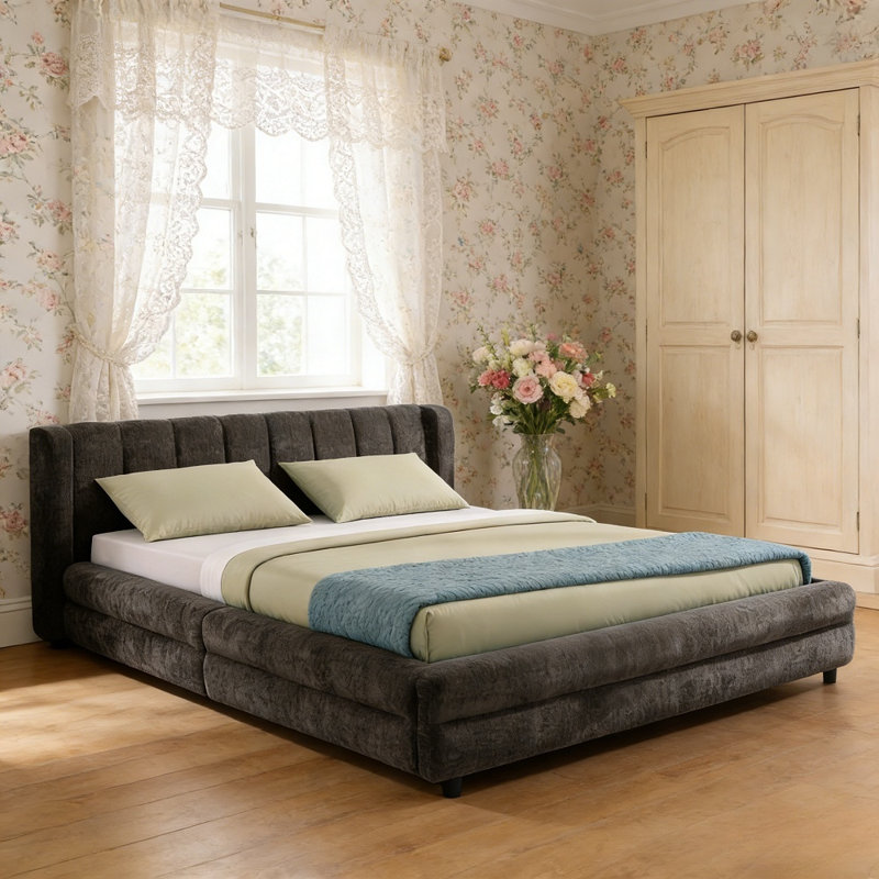 Structure de lit tapissier grand avec 4 tiroirs, cadre de lit de rangement multifonctionnel avec tête de lit en bois massif