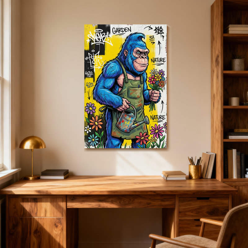 Animals Blue Monkey Gardening With Flowers And Tools, 18" H x 12" W