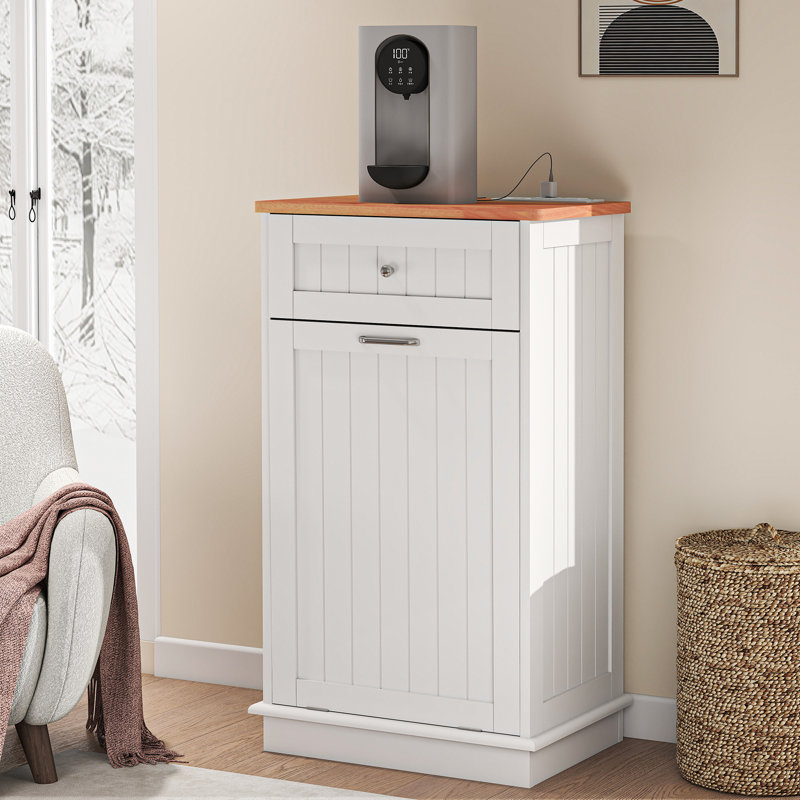 Double Tilt Out Trash Cabinet With Power Outlet, White/Brown