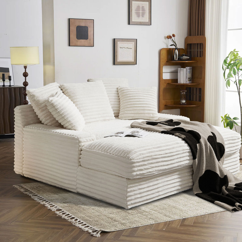 63.8" Oversized Upholstered Chaise Lounge Corduroy Sleeper Sofa with 5 Pillows, Beige