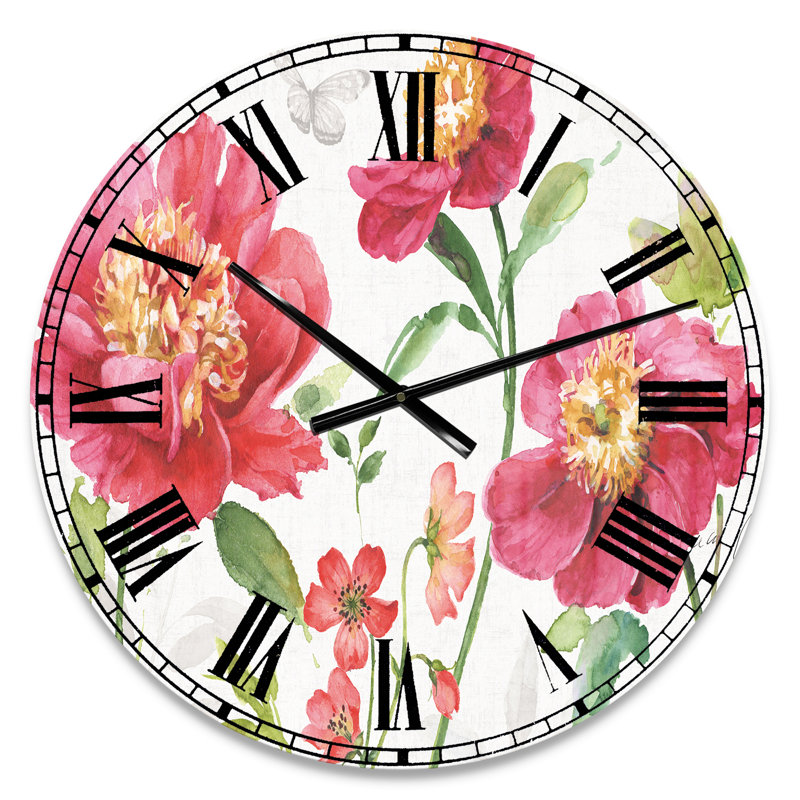 Horloge murale traditionnelle fleurs de printemps rouges et papillon peint à la main, Petit