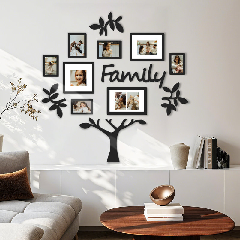 Family Tree Gallery Wall Set, 8 Mixed Size Separate Photo Frames with Tree Branch & FAMILY Script Cutouts, Matte Black PVC Memory Decor for Living Room – Black