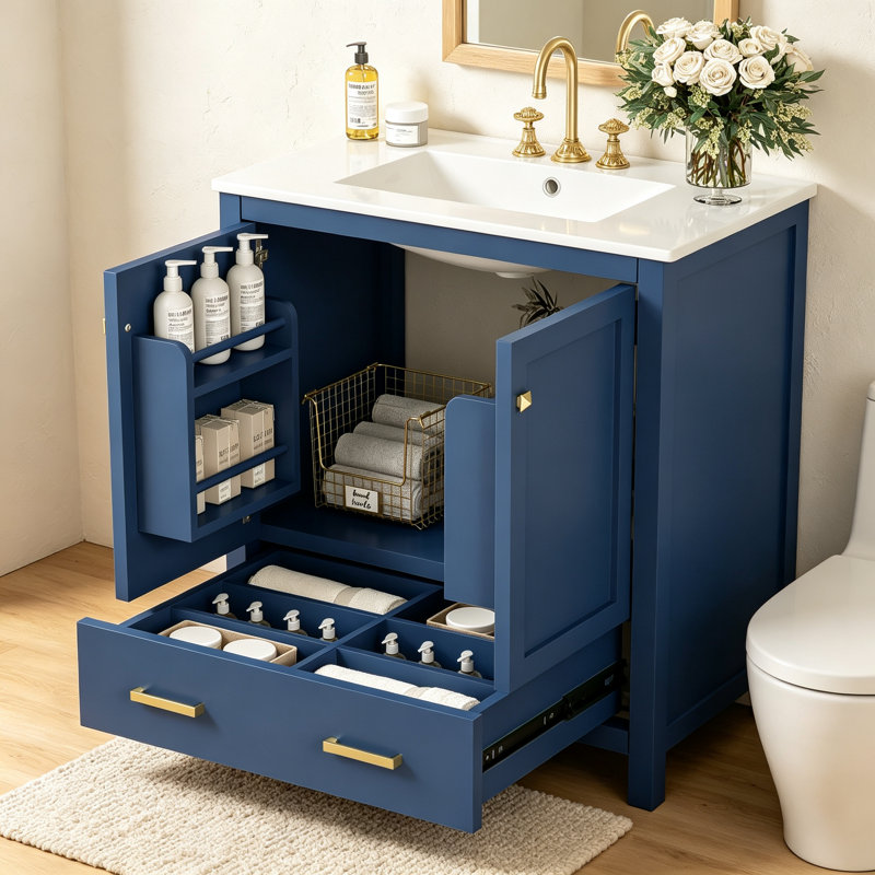 Meuble-lavabo bleu 30 po avec lavabo simple, armoire combinée, lavabo encastré et rangement multifonctionnel, portes à fermeture douce, structure en bois massif