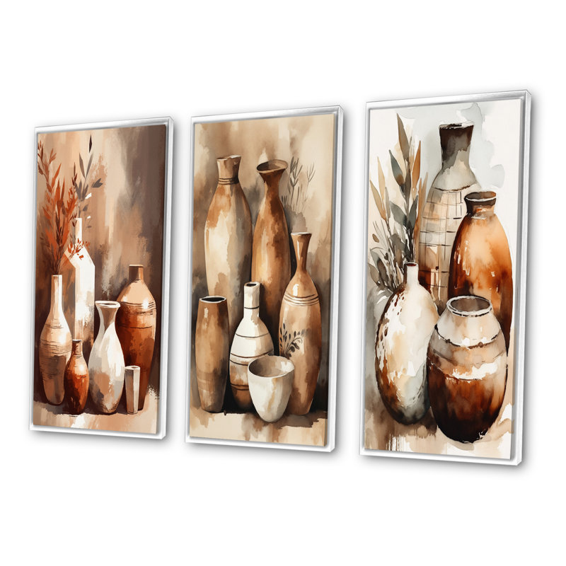 Ensemble d'imprimés 3 pièces - Vase élégant en terre brune et crème, Cadre flottant blanc, H 32 po x l 48 po