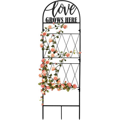 45 Inch Engraved Love Grows Here Metal Garden Trellis, Powder Coated Climbing Vine Support with 10 Inch Ground Stakes