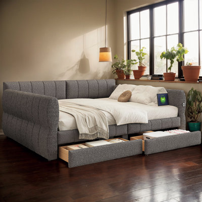 Élégant grand lit tapissier avec ports USB intégrés et tiroirs de rangement sous le lit - Design en laine d'agneau