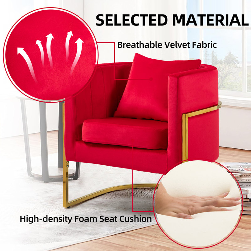 Fauteuil d'appoint demi-tonneau en velours avec coussin, Red