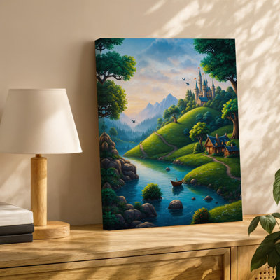 Toile, art fantaisiste, paysage de conte de fées mettant en vedette un majestueux château niché au milieu des vertes collines avec des tours pointues