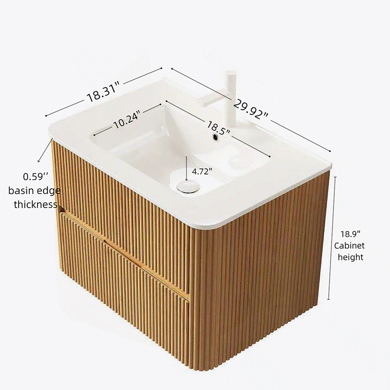 Meuble-lavabo de salle de bain mural avec lavabo, 2 tiroirs flottants, 30", Bois naturel