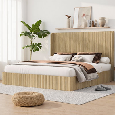 King Size Mid-Century Fluted Wood Bed Frame, Tall Wingback Platform Headboard, Low Profile Design, No Box Spring Needed, Easy Assembly for Bedroom & Guest Room