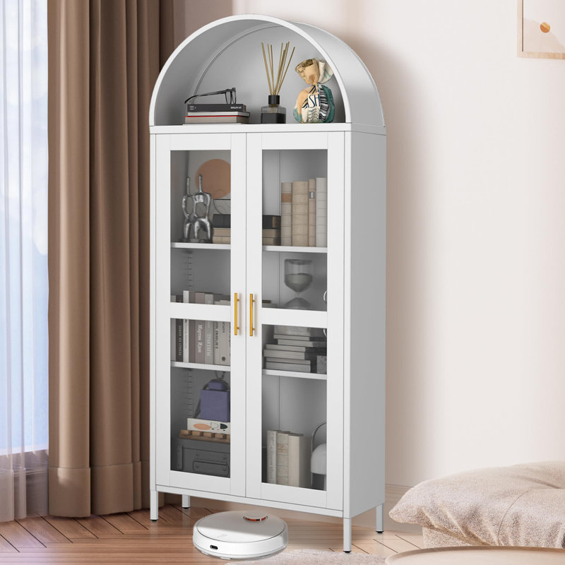 Armoire 73 po en métal avec portes en verre avec tablettes réglables, Blanc