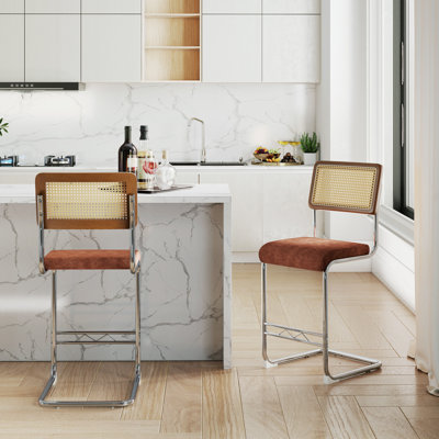 Ensemble de tabourets de bar en rotin naturel avec dossier en bois massif, siège en similicuir et pieds chromés, moderne médiéval pour bar, salle à manger