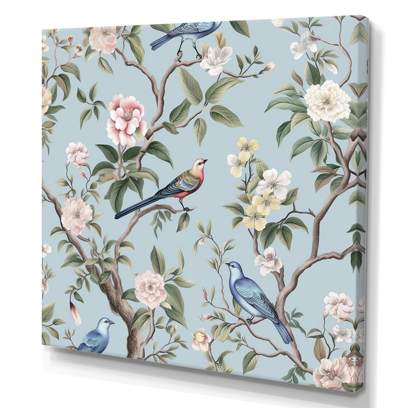Chinoiserie, oiseaux et pivoines sur toile, Toile tendue, 36" H x 36" W