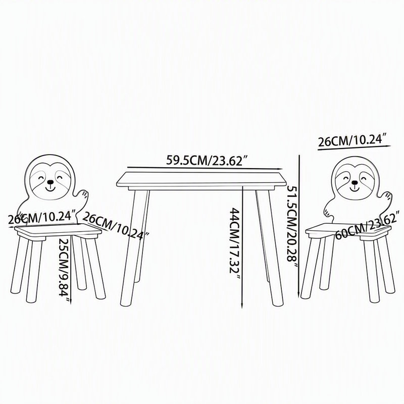 Ensemble de table d'activités en bois pour enfants avec 2 chaises en forme de paresseux, mobilier de jeu et d'étude pour tout-petits au design animalier mignon
