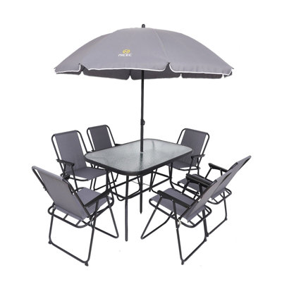MUKE 8-Piece Patio Dining Set, Garden Outdoor Furniture Table Set with Removable Umbrella, Glass Table, and 6 Folding Chairs by MUKE