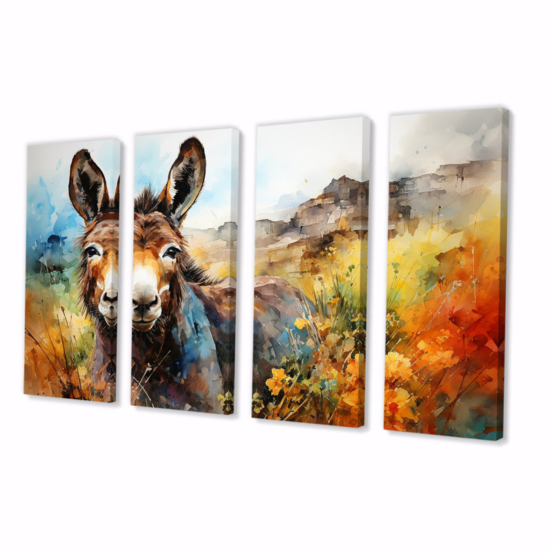 Patchwork Donkey Pastures I - Donkey, art mural 4 pièces, H 28 po x l 48 po