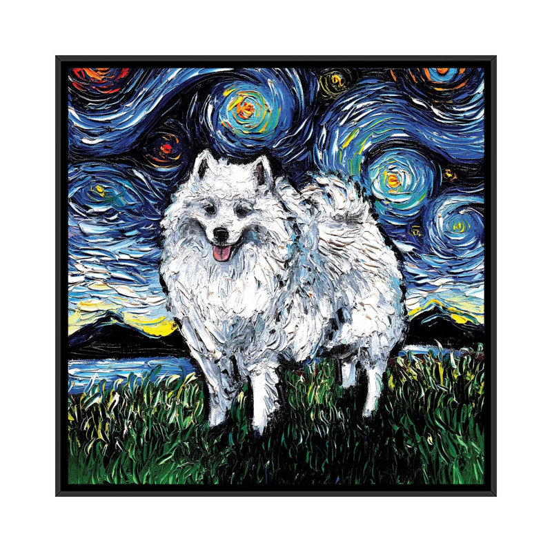 American Eskimo Night par Aja Treves - reproduction d'art, H 12 po x l 12 po x P 1,5 po, Toile avec cadre noir, Pas de tapis