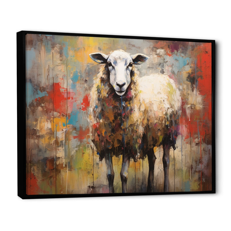 «Colorful Abstract Sheep Collage I», reproduction d'art sur toile, H 12 po x l 20 po x P 1 po, Cadre flottant noir