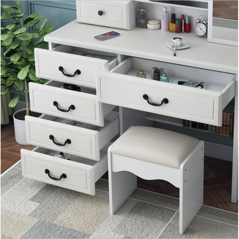 Petit meuble-lavabo avec miroir - ensemble de coiffeuse avec coiffeuse, chaise, tiroirs, petite coiffeuse mignonne pour le salon de la chambre des filles