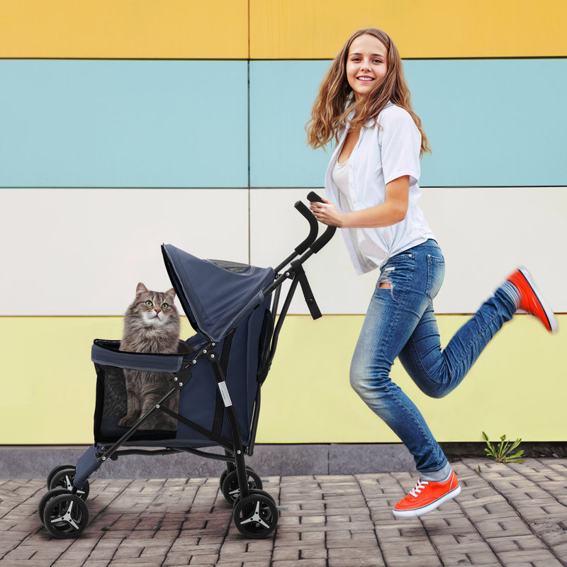 4 Wheel Folding Pet Stroller, Foldable Dog Jogger Stroller with Adjustable Canopy and Mesh Window, Blue
