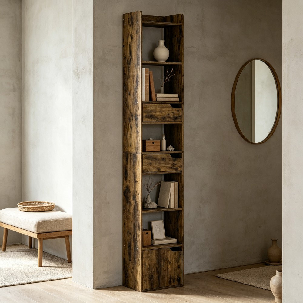 Space-Saving Tall Bookcase, 5-Tier Freestanding Bookshelf with Drawers for Small UK Homes