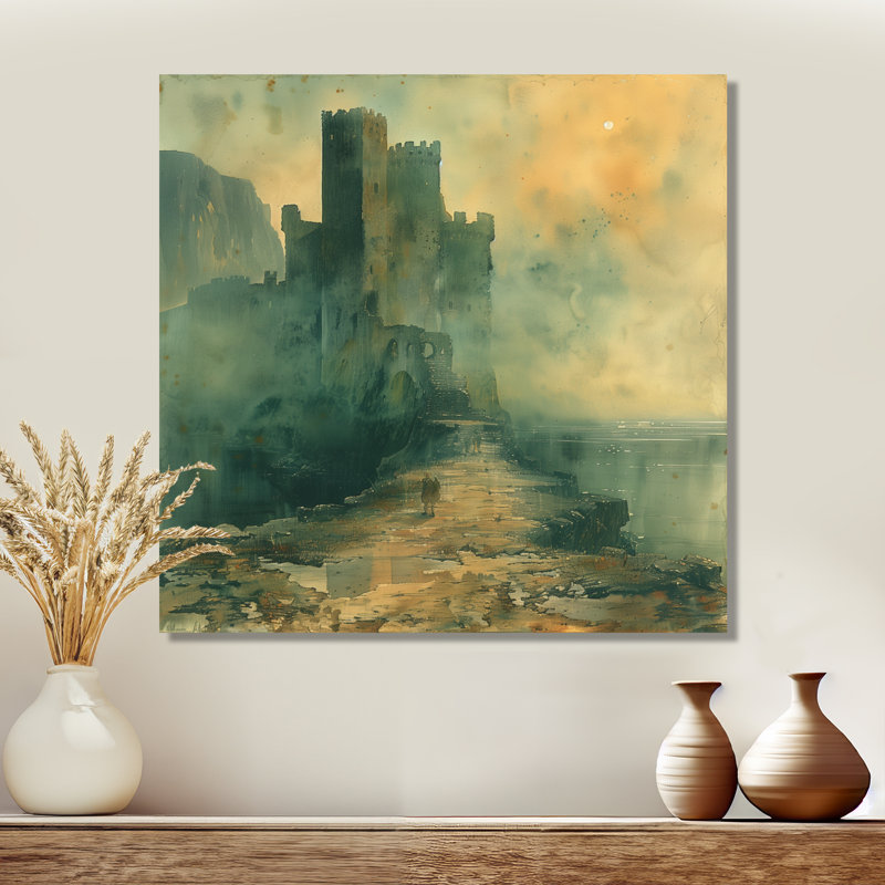 Impression d'art mural vert et orange forteresse médiévale, Métal métal, H 16 po x l 16 po x P 1 po