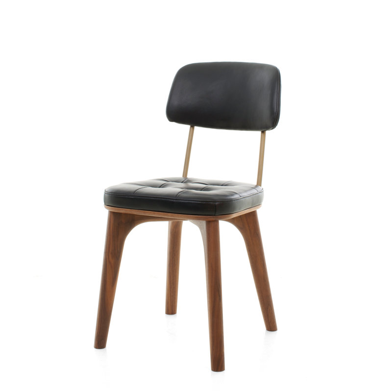Utility Leather Dining Chair, Bellagio Black with Natural Walnut