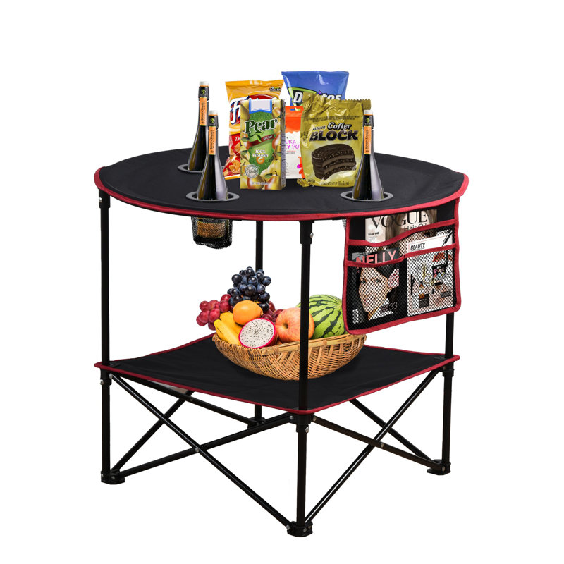 Folding Camping Table with 4 Mesh Cup Holders, Side Storage Bag, Collapsible Canvas & Carry Bag