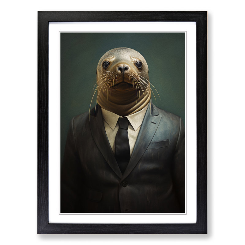 Sea Lion In A Suit No.3 - Single Picture Frame Print on Wood, 34cm H x 25cm W x 2cm D, Black 