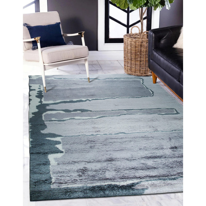 Tapis gris en laine nouée à la main à motif abstrait moderne et abstrait Horizon, 5 pi x 8 pi